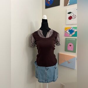 Worthington Brown Knit + Printed Puff Sleeve Blouse (S)